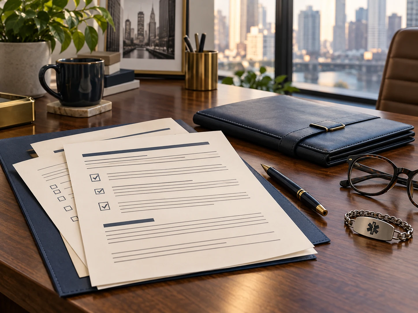 Advance healthcare directive documents arranged on a law office desk