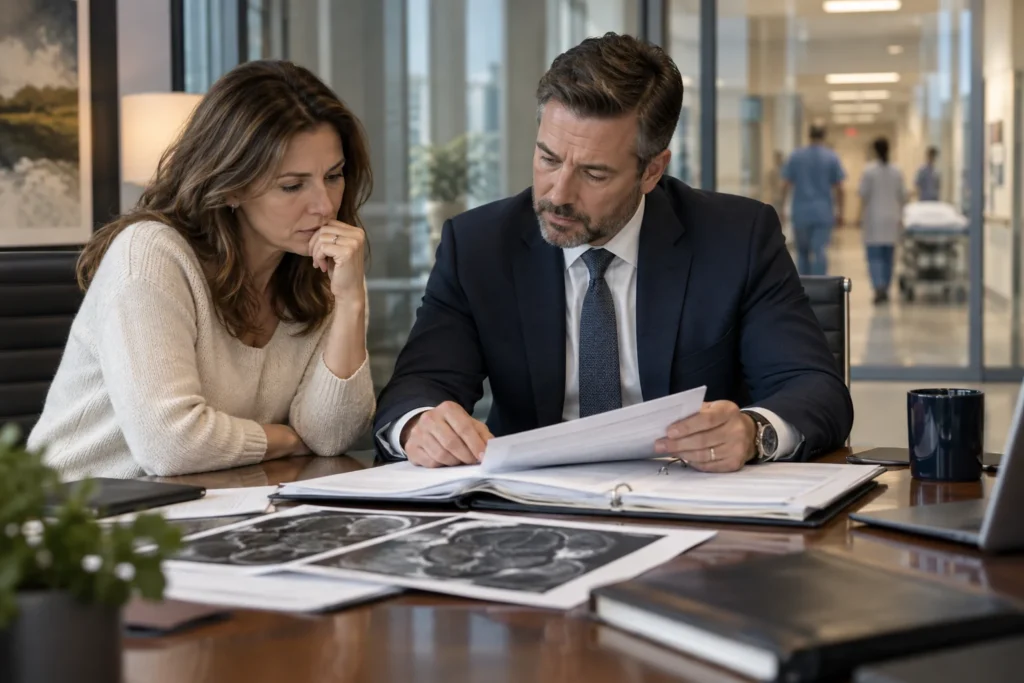 Attorney reviewing medical records with a client