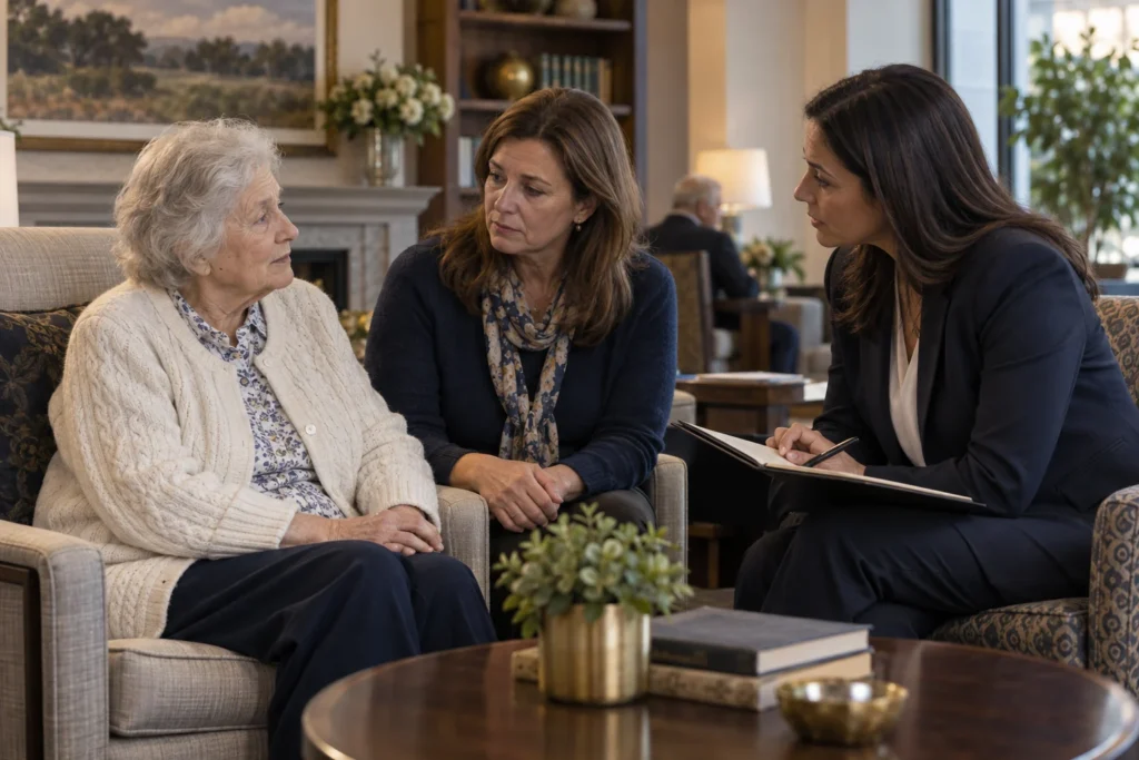 Attorney speaking with a nursing home resident and her family