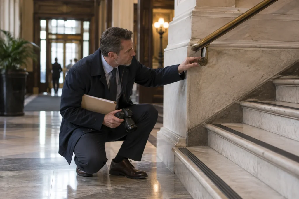 Investigator documenting an unsafe property condition