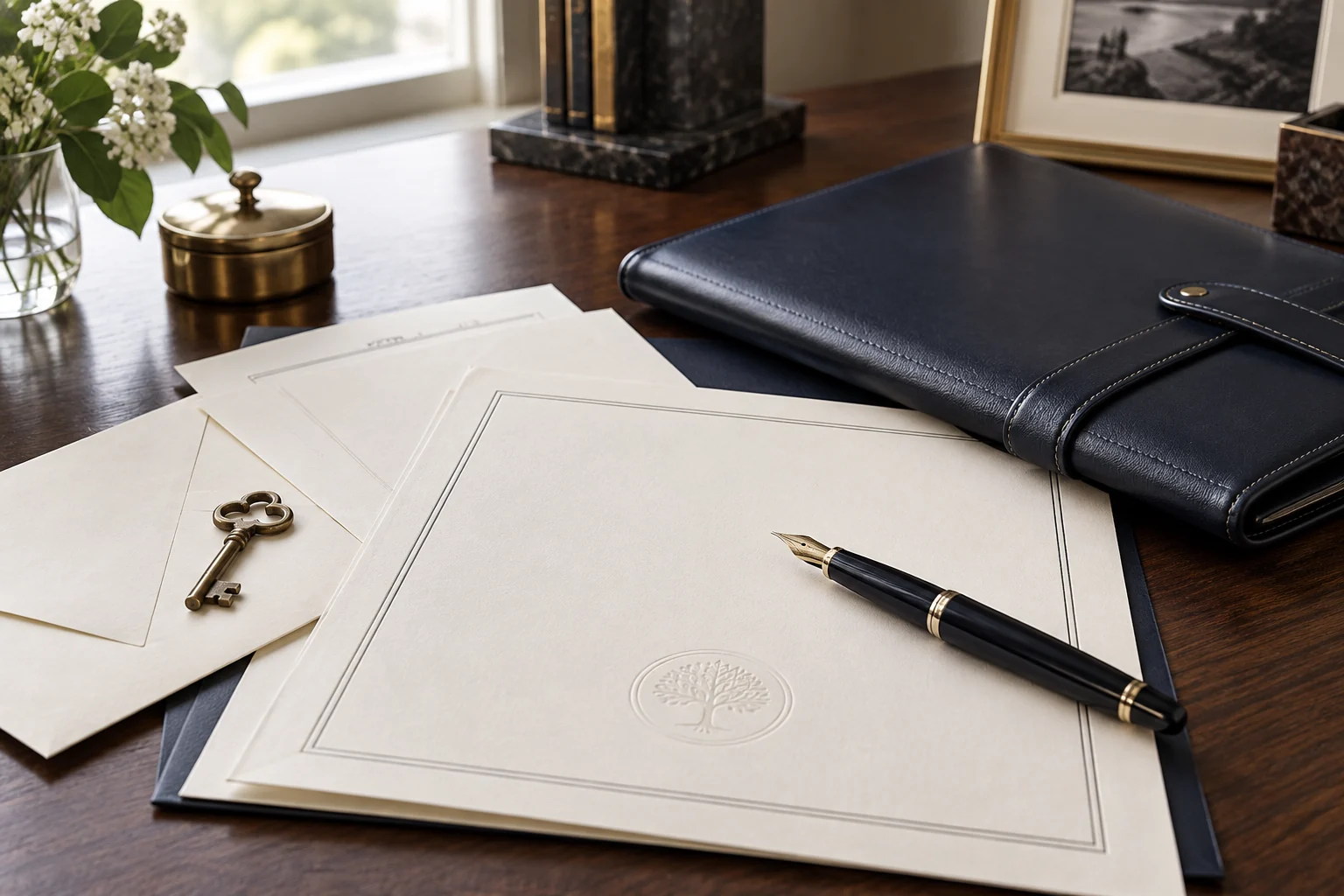 Trust planning documents, portfolio, pen, and key
